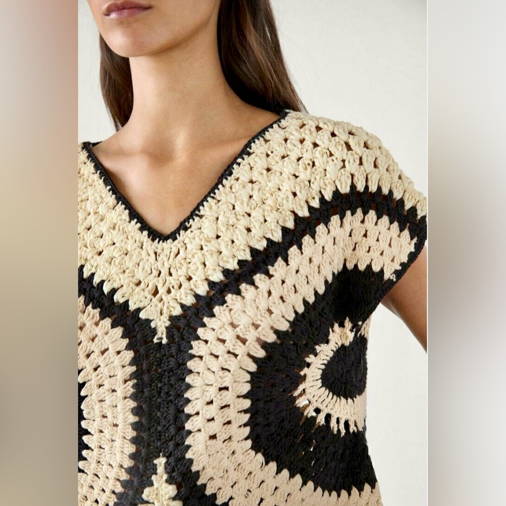 Massimo Dutti 100% Cotton Crochet Knit Top W Contrast Piping Details Women’s S - Picture 4 of 16